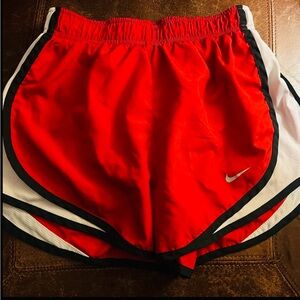 Nike Red and White Athletic Shorts with Curved Hem